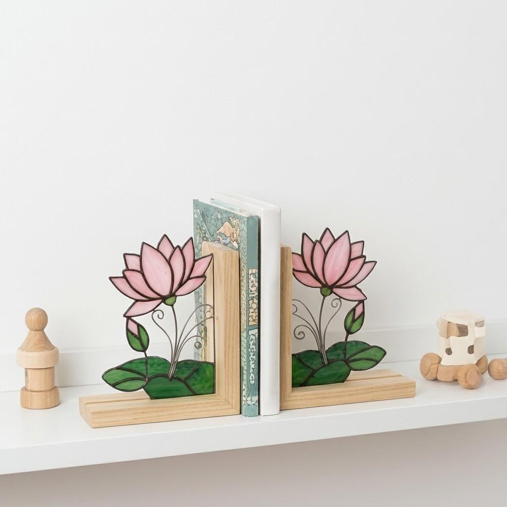 Lotus Stained Glass Bookends, Natural Wood Base July Birth Flower Gift Pink Water Lily Suncatcher, Zen Yoga Decor, Unique Birthday Gift