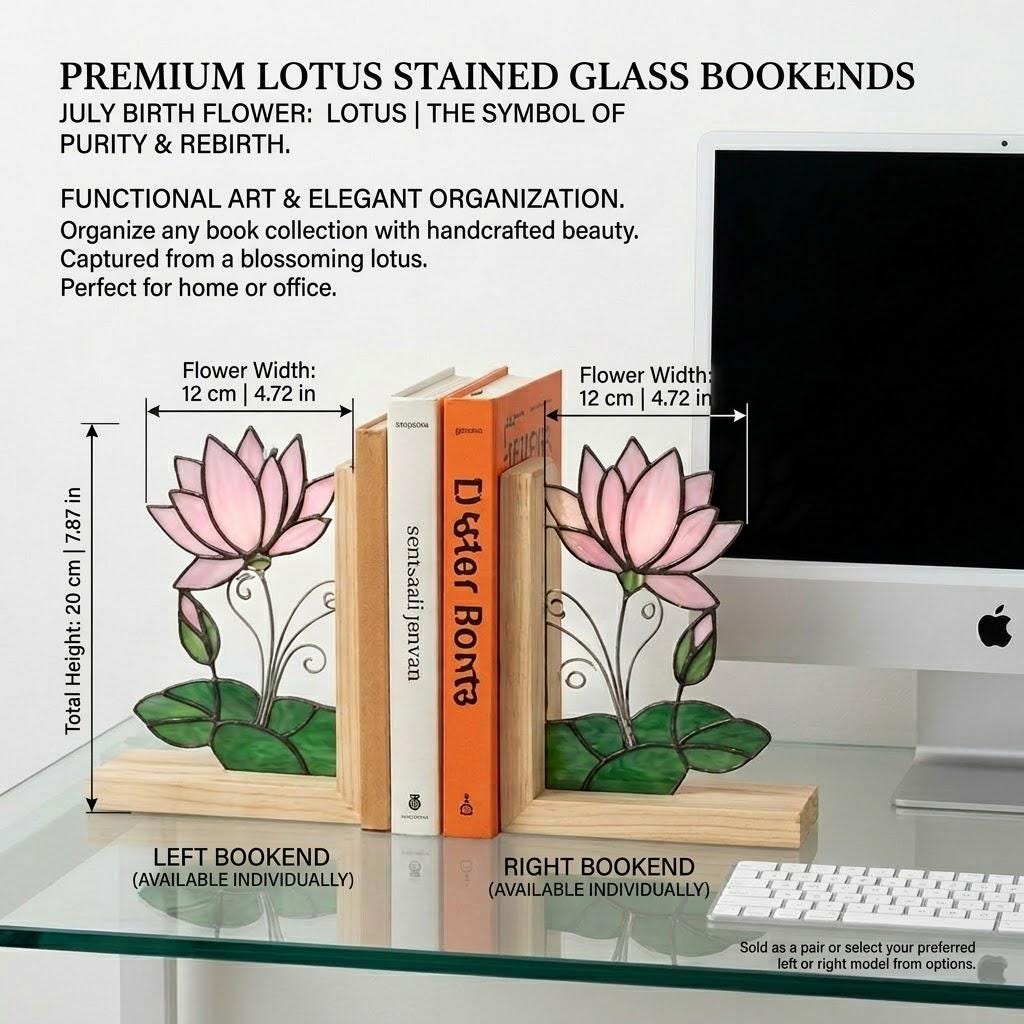 Lotus Stained Glass Bookends, Natural Wood Base July Birth Flower Gift Pink Water Lily Suncatcher, Zen Yoga Decor, Unique Birthday Gift