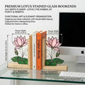 Lotus Stained Glass Bookends, Natural Wood Base July Birth Flower Gift Pink Water Lily Suncatcher, Zen Yoga Decor, Unique Birthday Gift