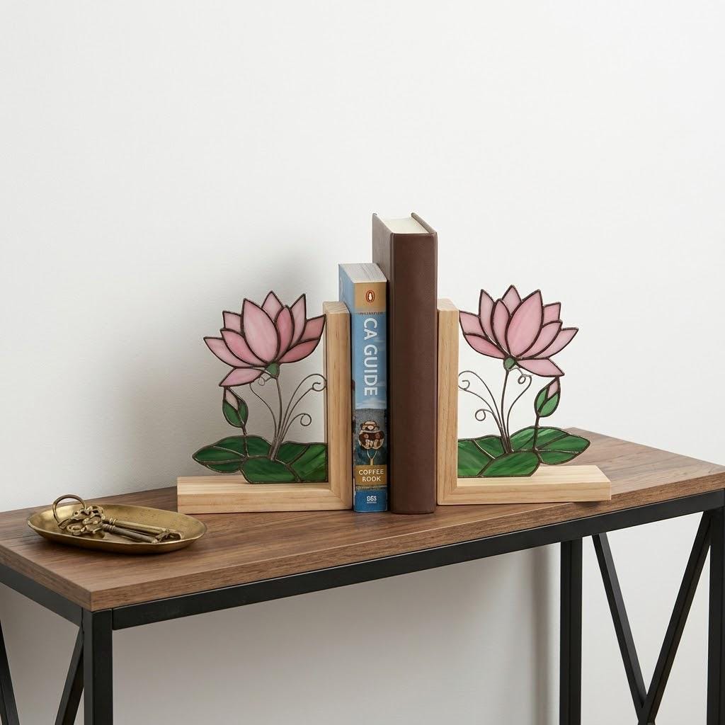 Lotus Stained Glass Bookends, Natural Wood Base July Birth Flower Gift Pink Water Lily Suncatcher, Zen Yoga Decor, Unique Birthday Gift