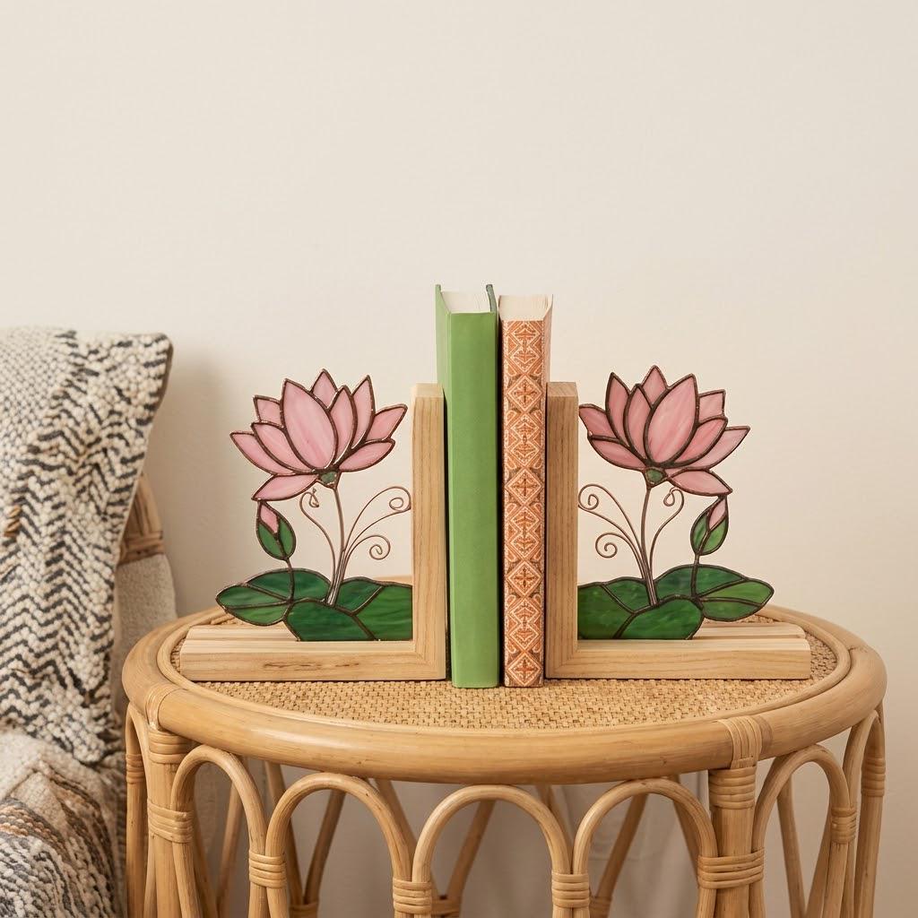 Lotus Stained Glass Bookends, Natural Wood Base July Birth Flower Gift Pink Water Lily Suncatcher, Zen Yoga Decor, Unique Birthday Gift