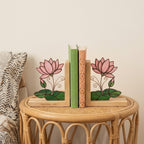 Lotus Stained Glass Bookends, Natural Wood Base July Birth Flower Gift Pink Water Lily Suncatcher, Zen Yoga Decor, Unique Birthday Gift