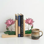 Lotus Stained Glass Bookends, Natural Wood Base July Birth Flower Gift Pink Water Lily Suncatcher, Zen Yoga Decor, Unique Birthday Gift