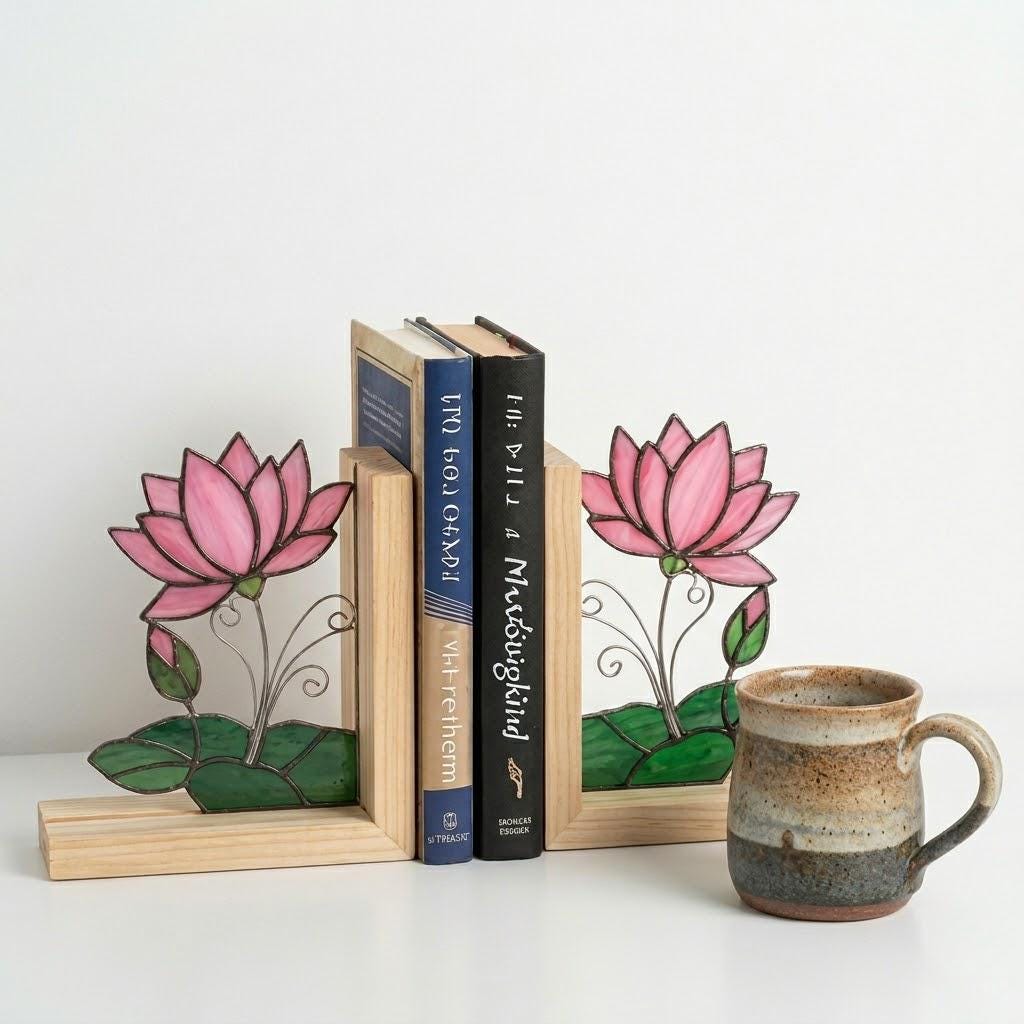 Lotus Stained Glass Bookends, Natural Wood Base July Birth Flower Gift Pink Water Lily Suncatcher, Zen Yoga Decor, Unique Birthday Gift