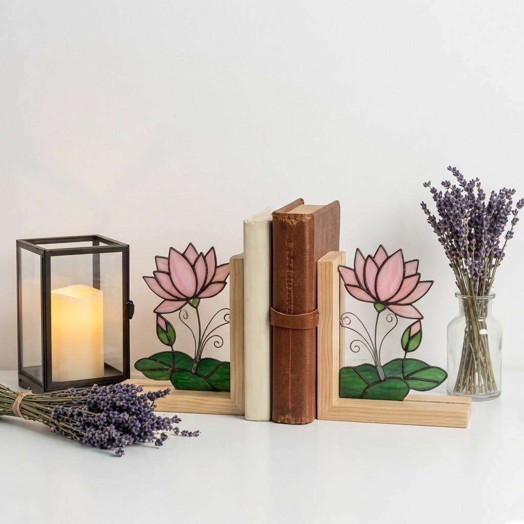 Lotus Stained Glass Bookends, Natural Wood Base July Birth Flower Gift Pink Water Lily Suncatcher, Zen Yoga Decor, Unique Birthday Gift