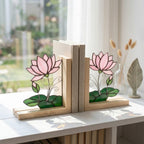 Lotus Stained Glass Bookends, Natural Wood Base July Birth Flower Gift Pink Water Lily Suncatcher, Zen Yoga Decor, Unique Birthday Gift