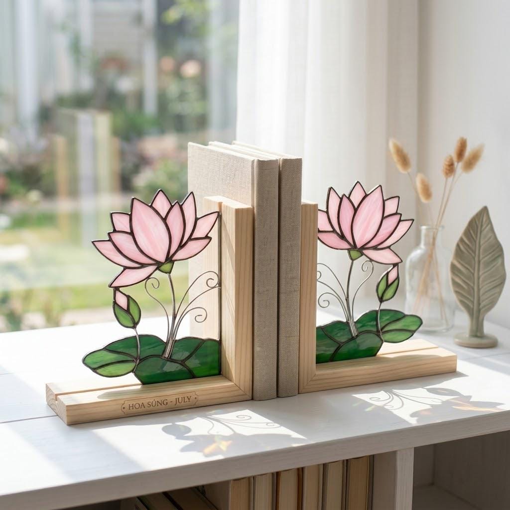 Lotus Stained Glass Bookends, Natural Wood Base July Birth Flower Gift Pink Water Lily Suncatcher, Zen Yoga Decor, Unique Birthday Gift