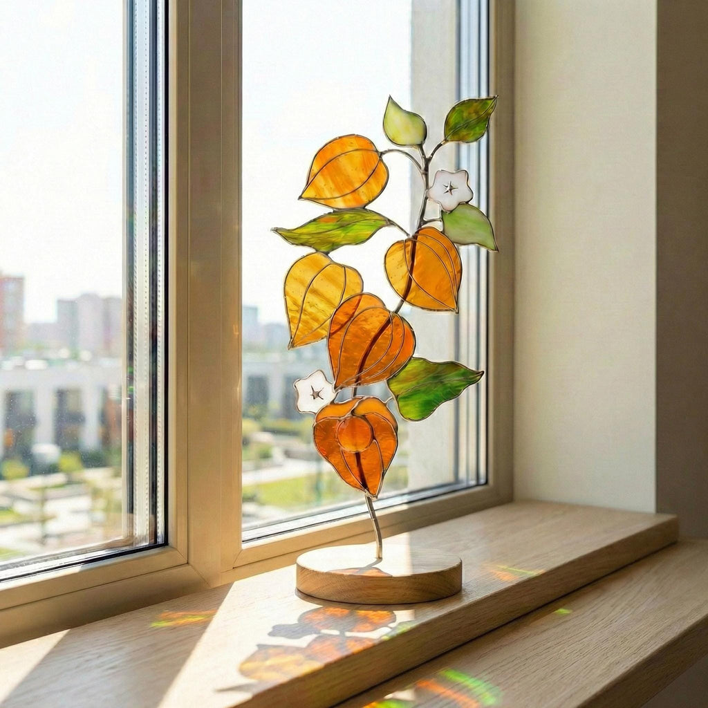 Stained Glass Physalis Plant Sculpture, Chinese Lantern Suncatcher Fall Autumn Home Decor Unique Housewarming Gift, Botanical Table Art