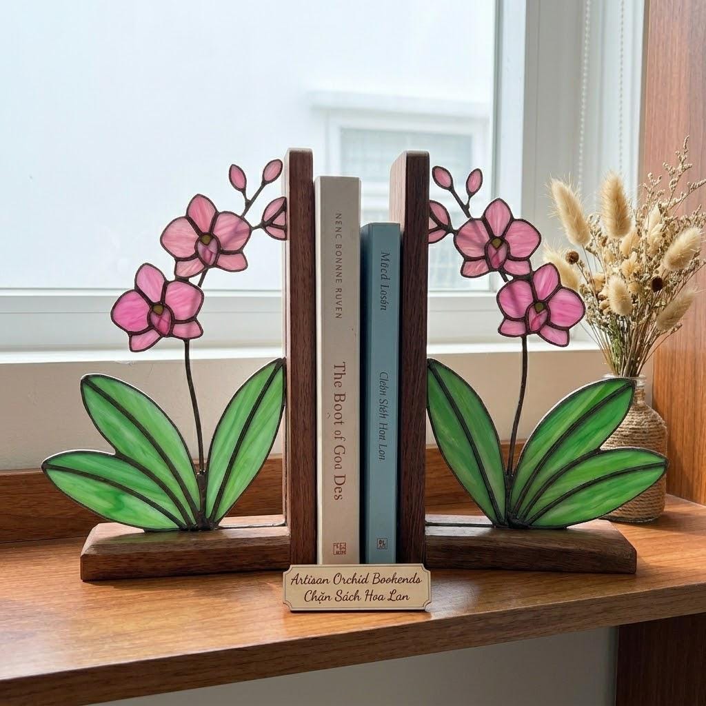 Personalized Orchid Stained Glass Bookends, Solid Walnut Base Unique Mother's Day Gift Luxury Floral Suncatcher, Home Office Library Decor