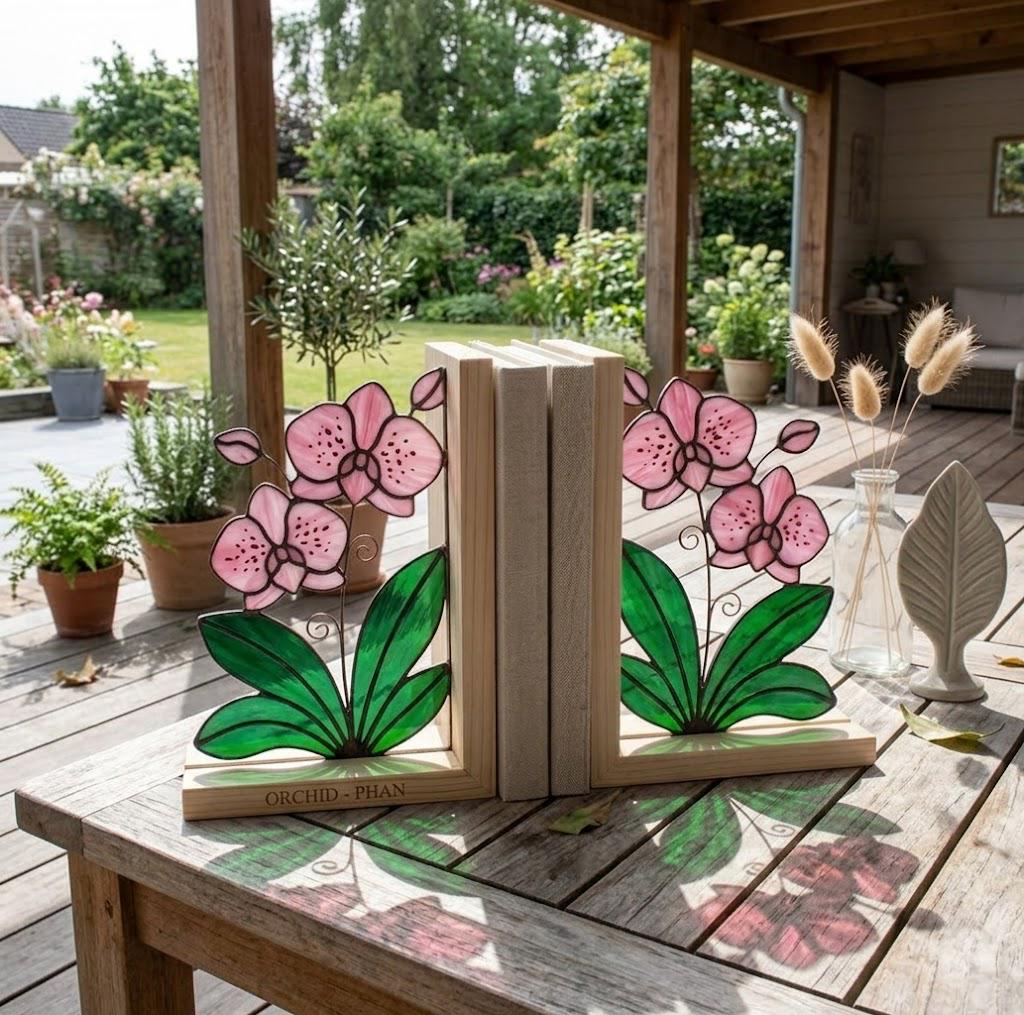 Personalized Stained Glass Orchid Bookends, Natural Wood Base | Custom Engraved Flower Gift | Orchid Suncatcher, Home Library Decor