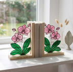Personalized Stained Glass Orchid Bookends, Natural Wood Base | Custom Engraved Flower Gift | Orchid Suncatcher, Home Library Decor