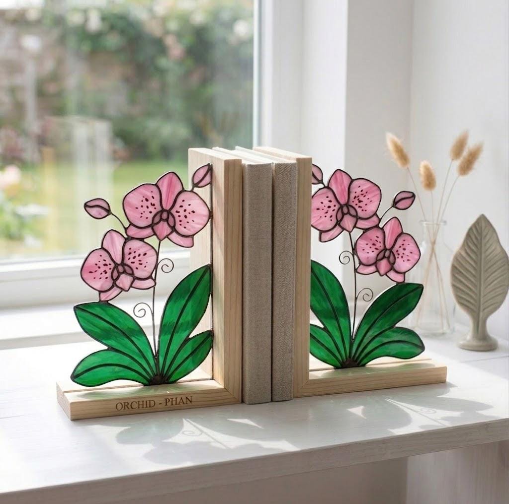 Personalized Stained Glass Orchid Bookends, Natural Wood Base | Custom Engraved Flower Gift | Orchid Suncatcher, Home Library Decor