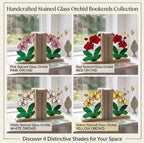 Personalized Stained Glass Orchid Bookends, Natural Wood Base | Custom Engraved Flower Gift | Orchid Suncatcher, Home Library Decor