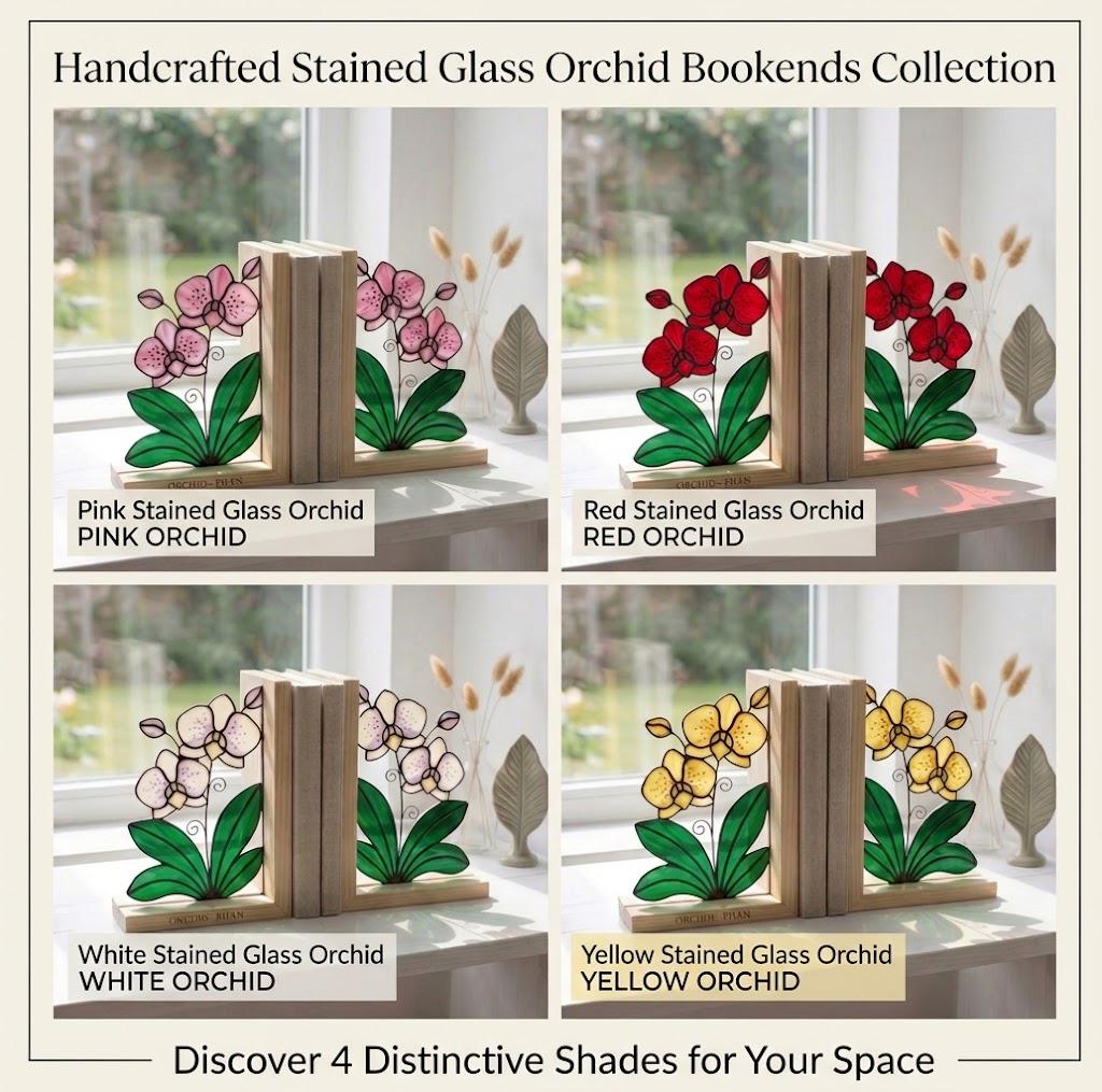 Personalized Stained Glass Orchid Bookends, Natural Wood Base | Custom Engraved Flower Gift | Orchid Suncatcher, Home Library Decor