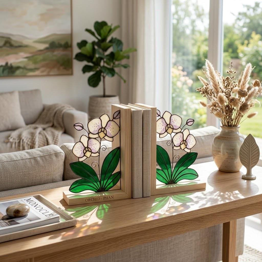 Personalized Stained Glass Orchid Bookends, Natural Wood Base | Custom Engraved Flower Gift | Orchid Suncatcher, Home Library Decor