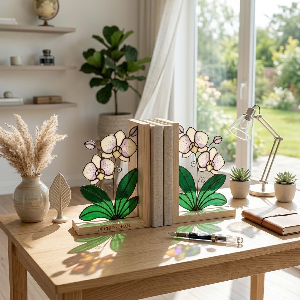 Personalized Stained Glass Orchid Bookends, Natural Wood Base | Custom Engraved Flower Gift | Orchid Suncatcher, Home Library Decor