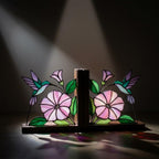 Hummingbird Stained Glass Bookends, Solid Wood Base September Birth Flower Gift Morning Glory Suncatcher, Unique Bird Lover Gift for Her