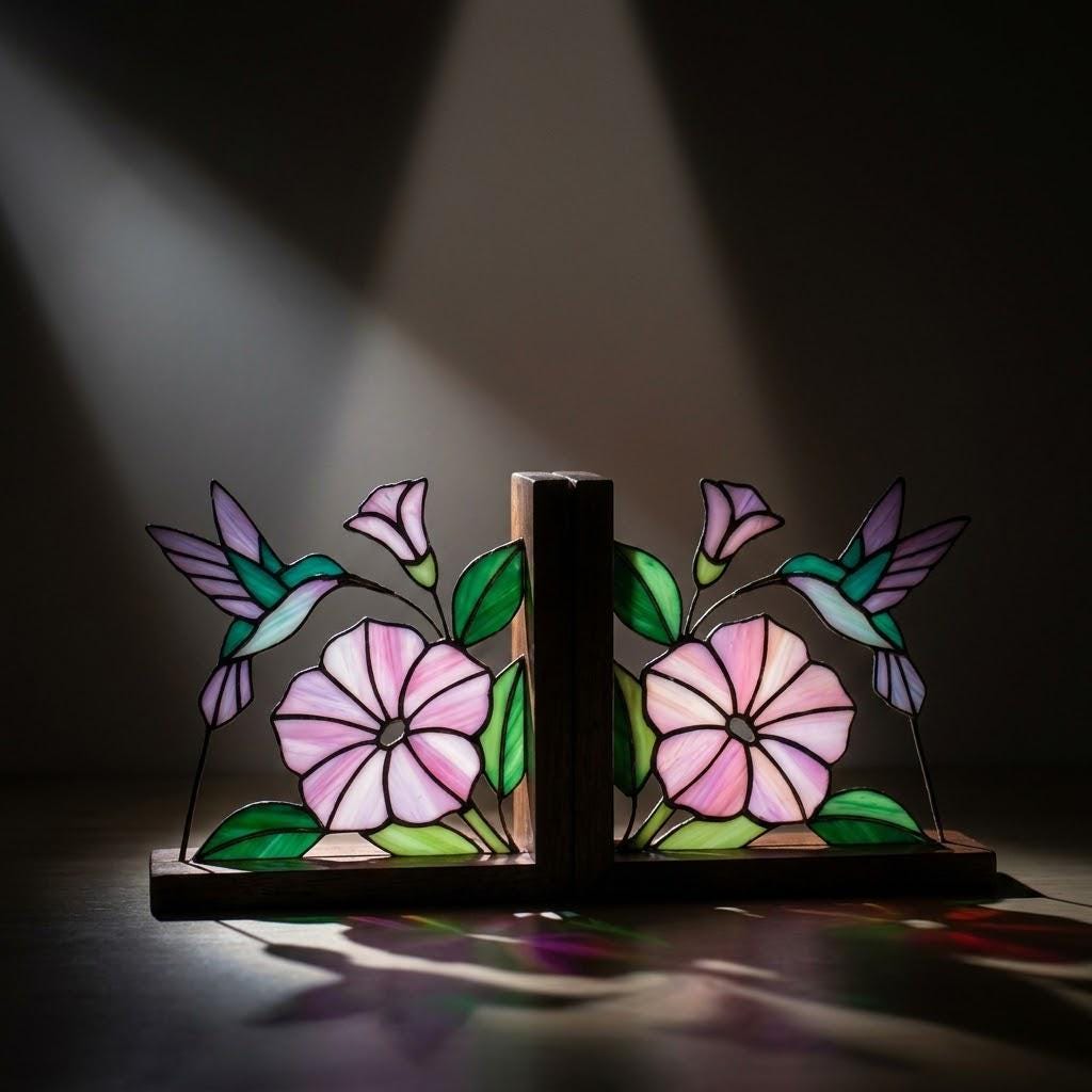 Hummingbird Stained Glass Bookends, Solid Wood Base September Birth Flower Gift Morning Glory Suncatcher, Unique Bird Lover Gift for Her