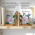 Hummingbird Stained Glass Bookends, Solid Wood Base September Birth Flower Gift Morning Glory Suncatcher, Unique Bird Lover Gift for Her