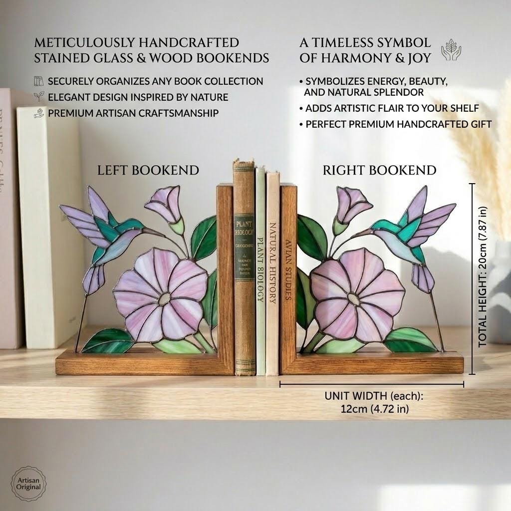 Hummingbird Stained Glass Bookends, Solid Wood Base September Birth Flower Gift Morning Glory Suncatcher, Unique Bird Lover Gift for Her