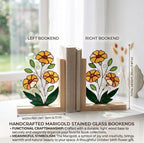 Personalized Marigold Stained Glass Bookends October Birth Flower Gift Handmade Yellow Floral Suncatcher, Unique Teacher Appreciation Gift