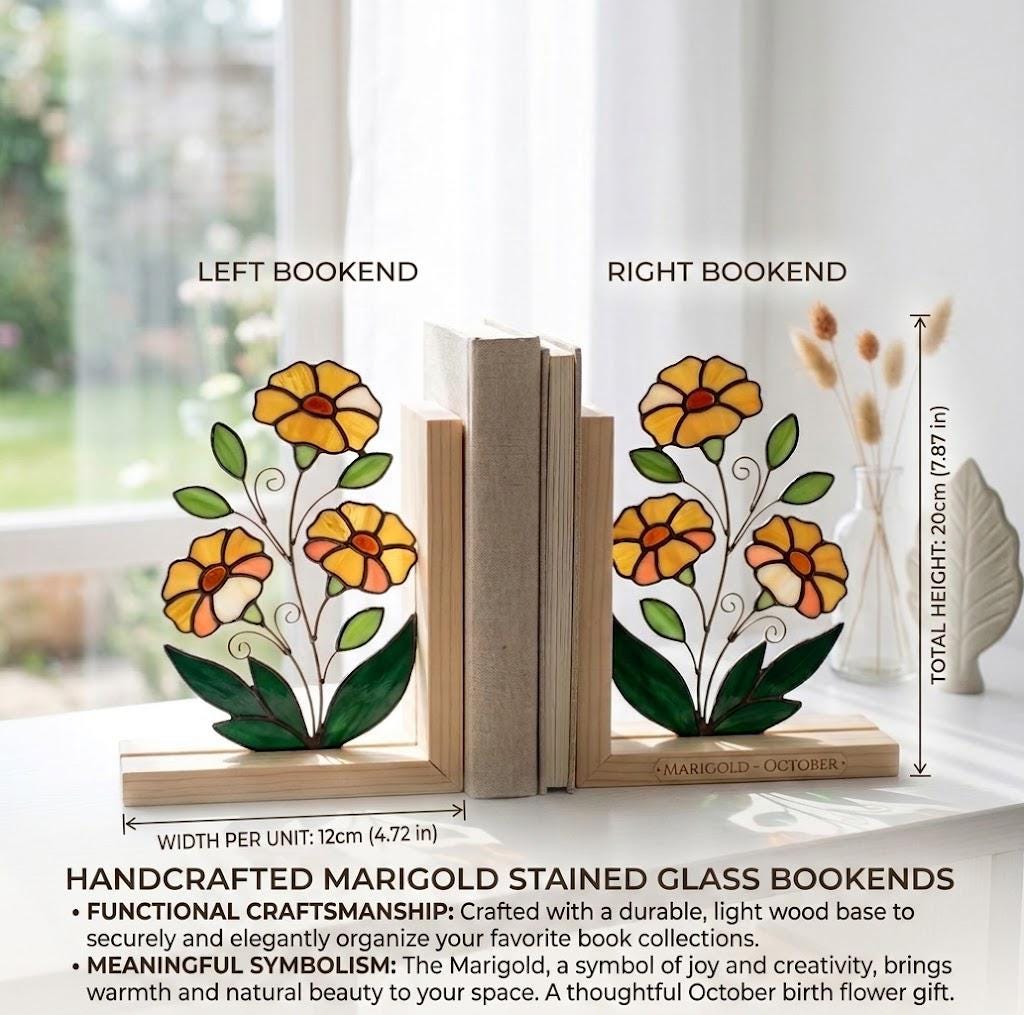 Personalized Marigold Stained Glass Bookends October Birth Flower Gift Handmade Yellow Floral Suncatcher, Unique Teacher Appreciation Gift