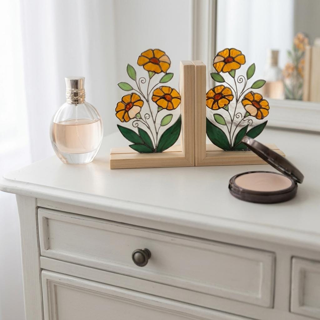 Personalized Marigold Stained Glass Bookends October Birth Flower Gift Handmade Yellow Floral Suncatcher, Unique Teacher Appreciation Gift