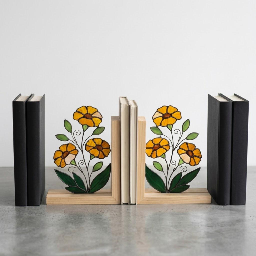 Personalized Marigold Stained Glass Bookends October Birth Flower Gift Handmade Yellow Floral Suncatcher, Unique Teacher Appreciation Gift