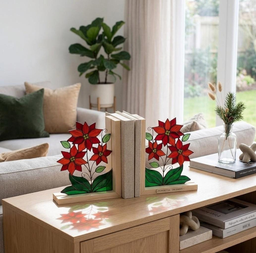 Personalized Poinsettia Stained Glass Bookends December Birth Flower Gift Red Floral Suncatcher, Graduation Gift, Unique Christmas Decor