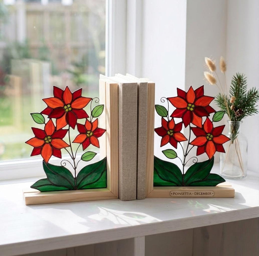 Personalized Poinsettia Stained Glass Bookends December Birth Flower Gift Red Floral Suncatcher, Graduation Gift, Unique Christmas Decor