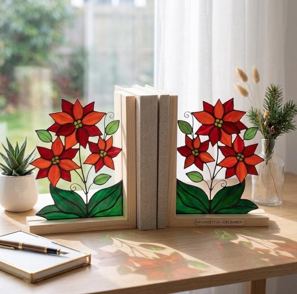 Personalized Poinsettia Stained Glass Bookends December Birth Flower Gift Red Floral Suncatcher, Graduation Gift, Unique Christmas Decor