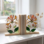 Personalized Honeysuckle Stained Glass Bookends June Birth Flower Gift Orange Floral Suncatcher, Unique Wedding Gift, Library Home Decor