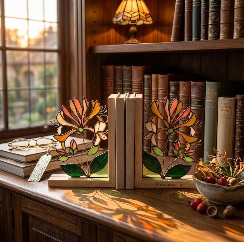 Personalized Honeysuckle Stained Glass Bookends June Birth Flower Gift Orange Floral Suncatcher, Unique Wedding Gift, Library Home Decor