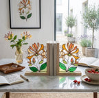 Personalized Honeysuckle Stained Glass Bookends June Birth Flower Gift Orange Floral Suncatcher, Unique Wedding Gift, Library Home Decor