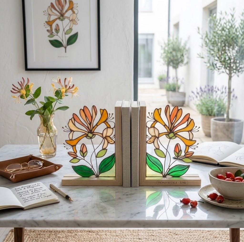 Personalized Honeysuckle Stained Glass Bookends June Birth Flower Gift Orange Floral Suncatcher, Unique Wedding Gift, Library Home Decor