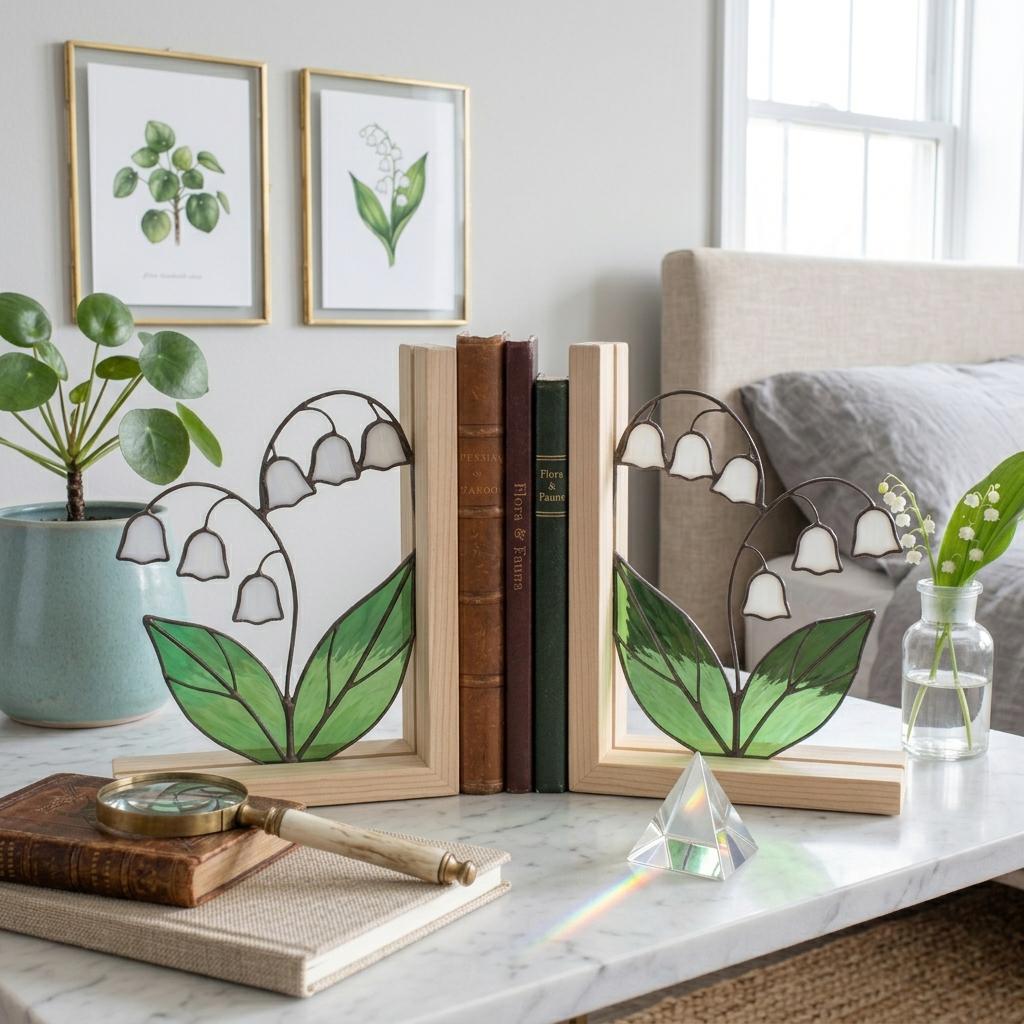 Lily of the Valley Stained Glass Bookends, Natural Wood Base May Birth Flower Gift White Floral Suncatcher, Unique Wedding Gift for Her