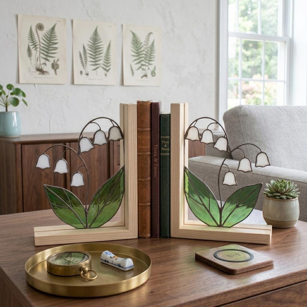 Lily of the Valley Stained Glass Bookends, Natural Wood Base May Birth Flower Gift White Floral Suncatcher, Unique Wedding Gift for Her