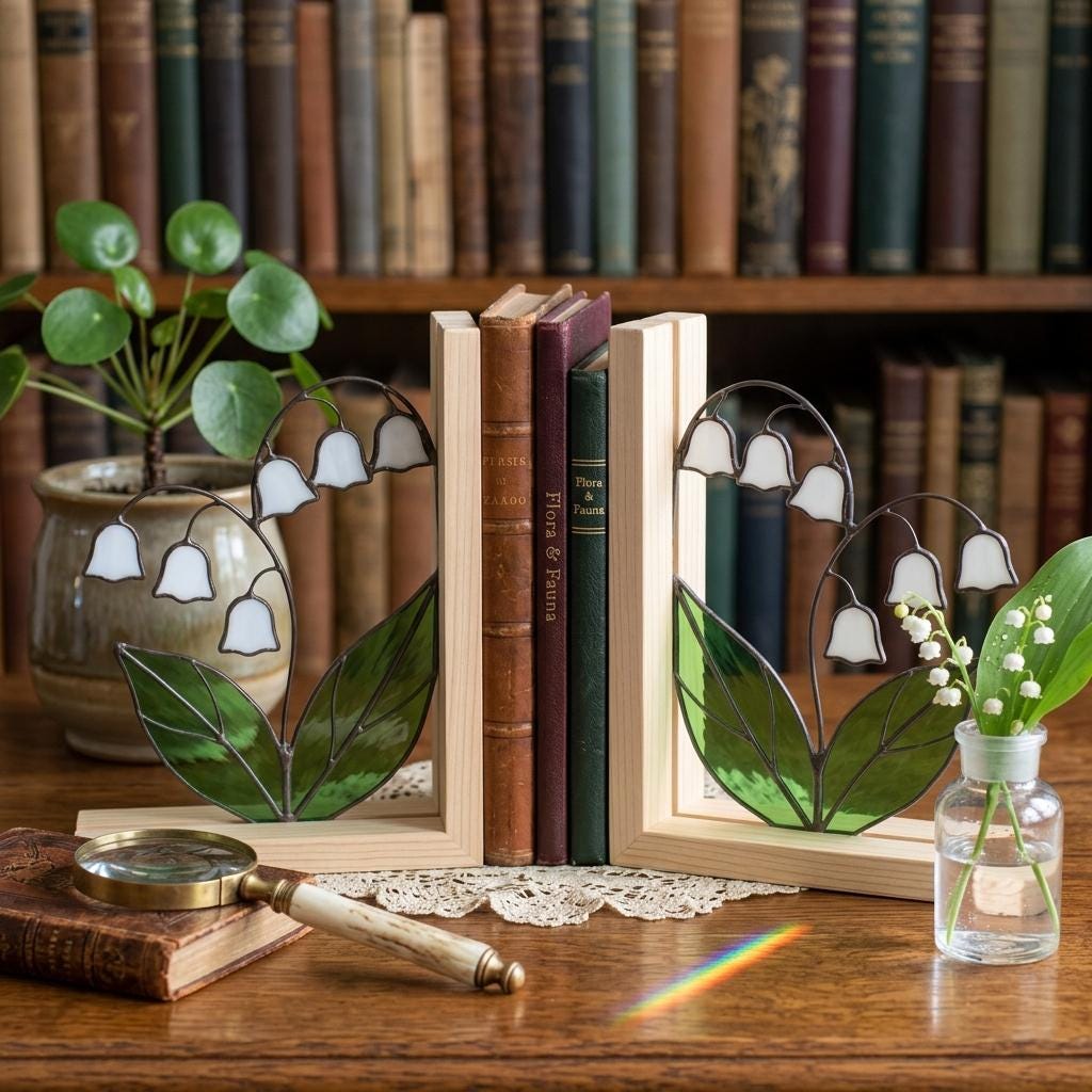 Lily of the Valley Stained Glass Bookends, Natural Wood Base May Birth Flower Gift White Floral Suncatcher, Unique Wedding Gift for Her