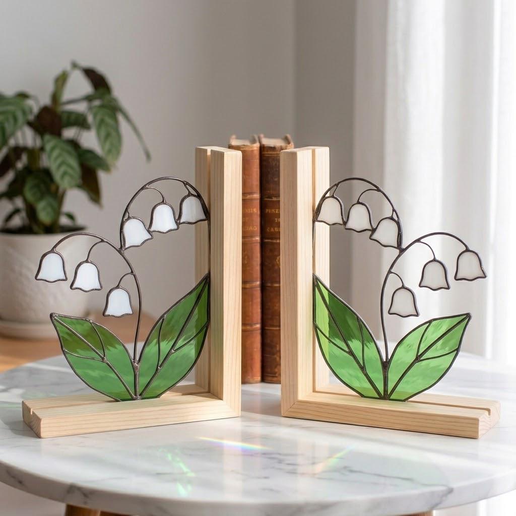 Lily of the Valley Stained Glass Bookends, Natural Wood Base May Birth Flower Gift White Floral Suncatcher, Unique Wedding Gift for Her