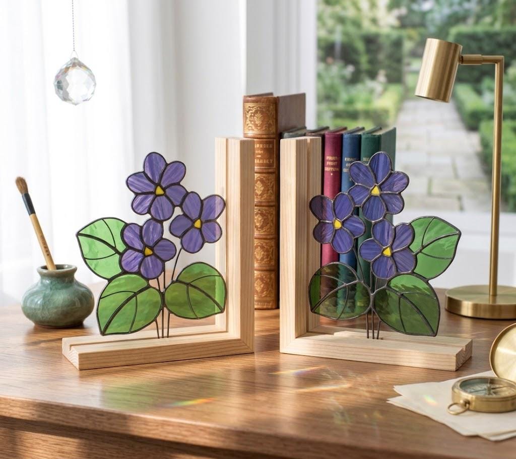 Personalized African Violet Stained Glass Bookends | February Birth Flower Gift | Purple Floral Suncatcher, Unique Teacher Gift