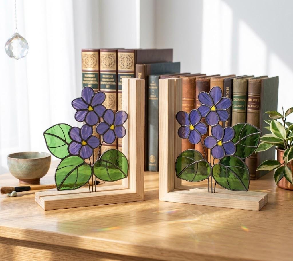 Personalized African Violet Stained Glass Bookends | February Birth Flower Gift | Purple Floral Suncatcher, Unique Teacher Gift
