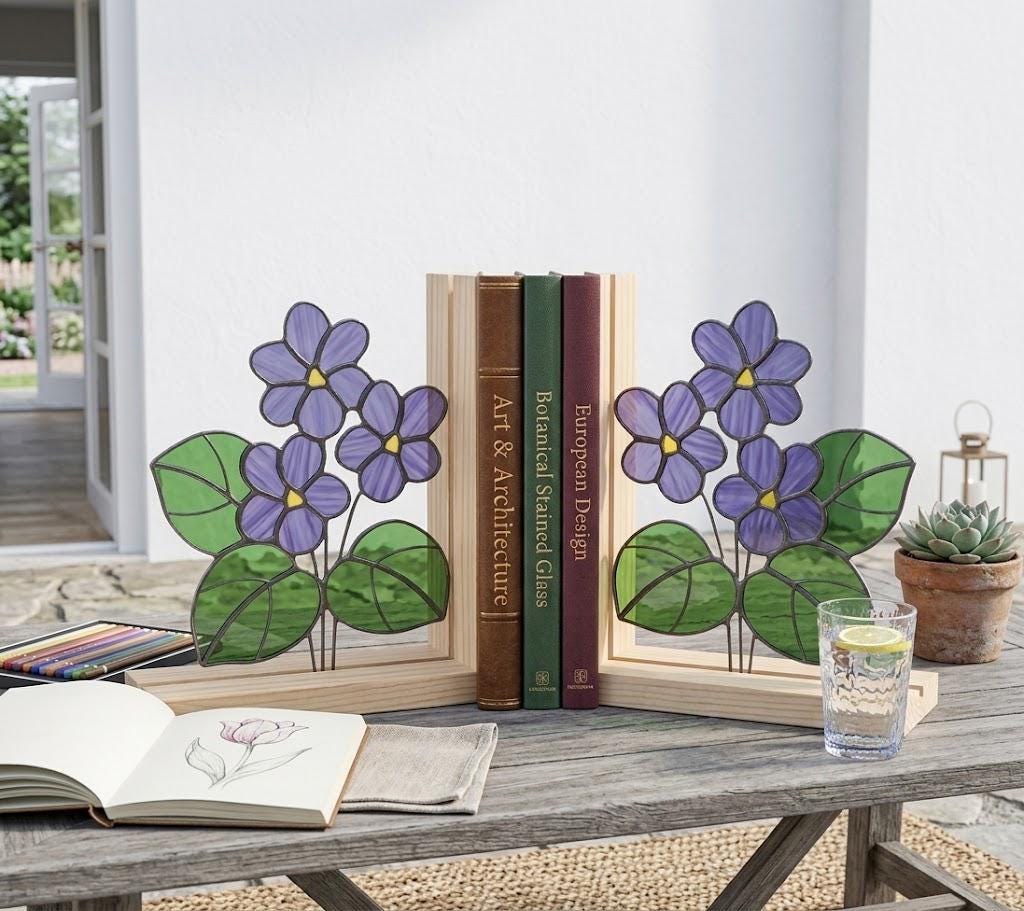 Personalized African Violet Stained Glass Bookends | February Birth Flower Gift | Purple Floral Suncatcher, Unique Teacher Gift