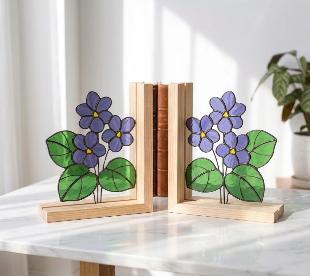 Personalized African Violet Stained Glass Bookends | February Birth Flower Gift | Purple Floral Suncatcher, Unique Teacher Gift