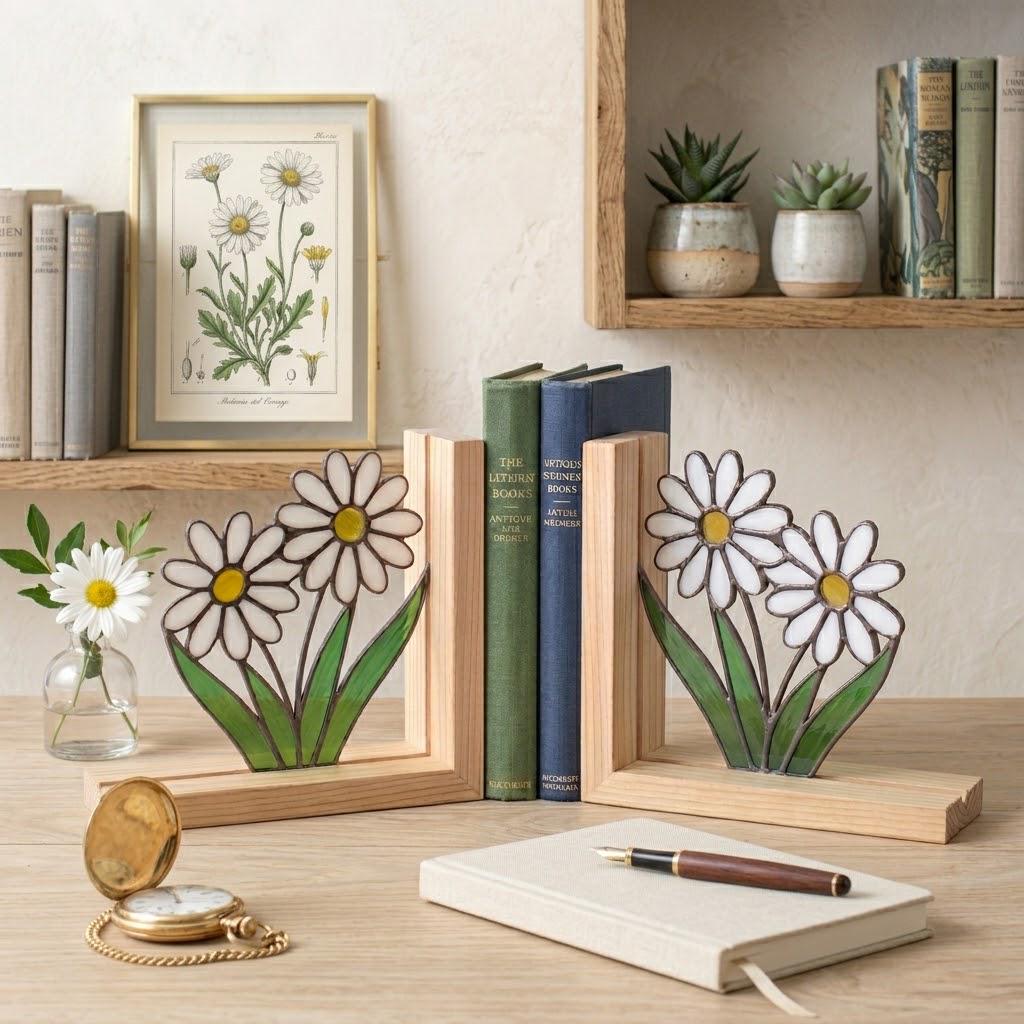 Daisy Stained Glass Bookends, Natural Pine Wood Base April Birth Flower Gift White Floral Suncatcher, Nursery Decor, Unique Teacher Gift