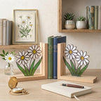 Daisy Stained Glass Bookends, Natural Pine Wood Base April Birth Flower Gift White Floral Suncatcher, Nursery Decor, Unique Teacher Gift
