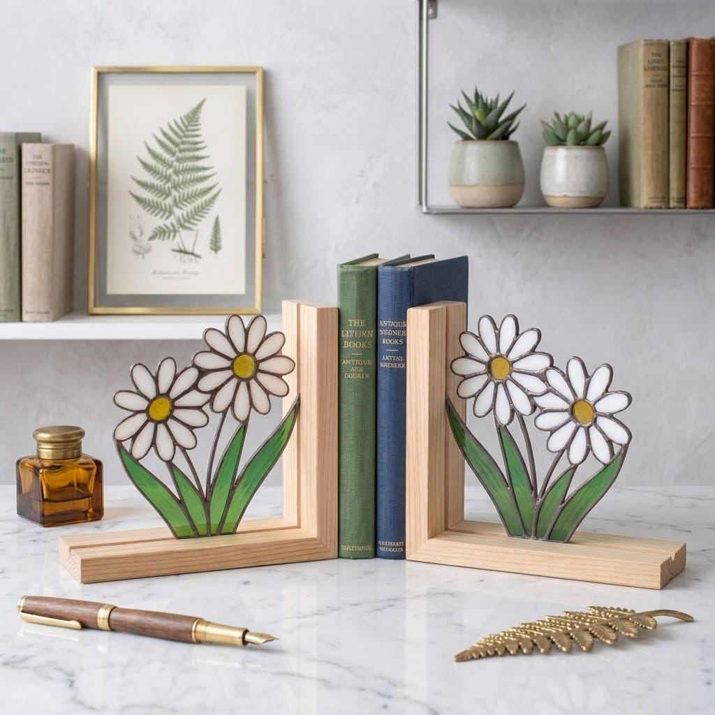 Daisy Stained Glass Bookends, Natural Pine Wood Base April Birth Flower Gift White Floral Suncatcher, Nursery Decor, Unique Teacher Gift