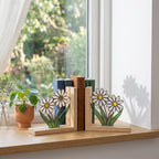 Daisy Stained Glass Bookends, Natural Pine Wood Base April Birth Flower Gift White Floral Suncatcher, Nursery Decor, Unique Teacher Gift