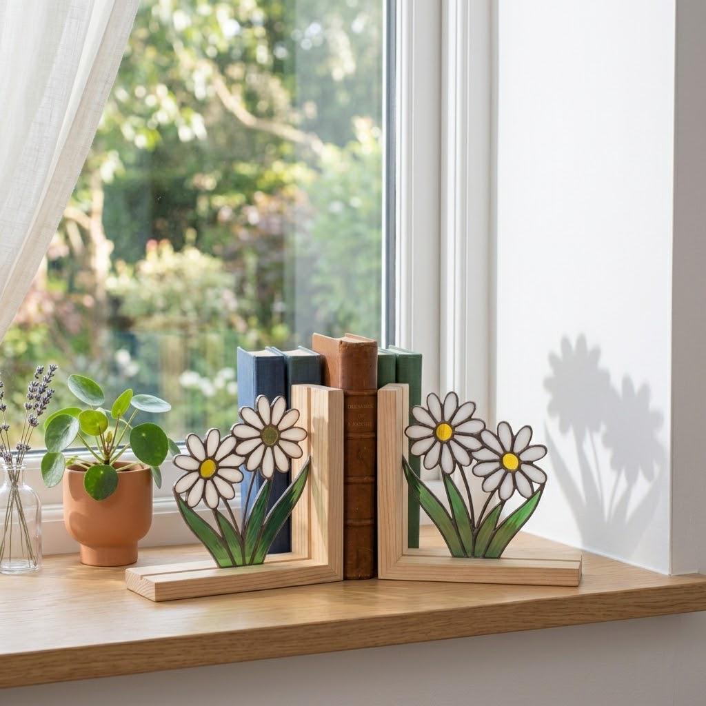 Daisy Stained Glass Bookends, Natural Pine Wood Base April Birth Flower Gift White Floral Suncatcher, Nursery Decor, Unique Teacher Gift