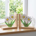 Daisy Stained Glass Bookends, Natural Pine Wood Base April Birth Flower Gift White Floral Suncatcher, Nursery Decor, Unique Teacher Gift