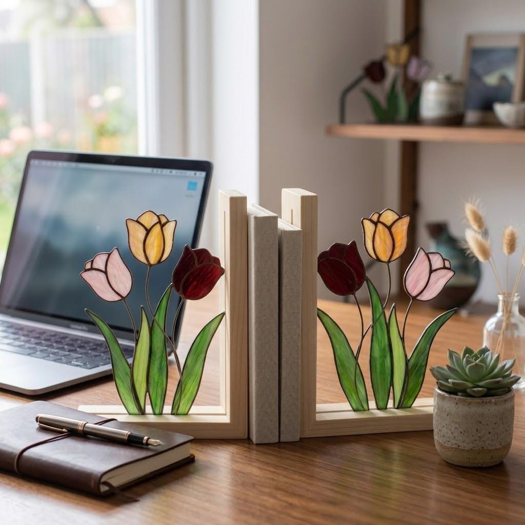 Tulip Stained Glass Bookends, Natural Wood Base May Birth Flower Gift Colorful Floral Suncatcher, Unique Anniversary Gift, Library Decor